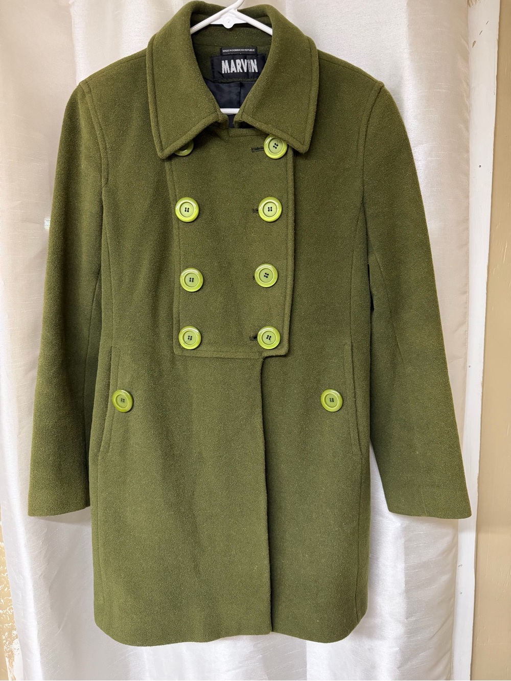 Vintage Women's Olive Green Double-Breasted Wool Coat
